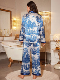 LuxeNights Conjunto de Roupas de Loungewear com Estampa de Respingo de Tinta Azul Elegante - Camisa de Manga Longa e Calça 2 Peças, Pijamas Plus Size Femininos, Férias