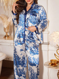 LuxeNights Conjunto de Roupas de Loungewear com Estampa de Respingo de Tinta Azul Elegante - Camisa de Manga Longa e Calça 2 Peças, Pijamas Plus Size Femininos, Férias