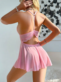 SHEIN 2 peças/Conjunto Vestido Linha A Sexy com Contraste de Renda e Tule Transparente Nas Costas