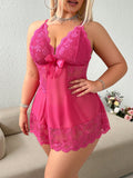 Seduluxe 2 Peças/Conjunto: Lingerie Plus Size Sexy com Decote V Profundo em Renda e Tule Contrastante & Calcinha Tipo Tanga