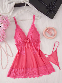 Seduluxe 2 Peças/Conjunto: Lingerie Plus Size Sexy com Decote V Profundo em Renda e Tule Contrastante & Calcinha Tipo Tanga
