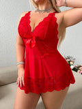 Seduluxe 2 Peças/Conjunto: Lingerie Plus Size Sexy com Decote V Profundo em Renda e Tule Contrastante & Calcinha Tipo Tanga