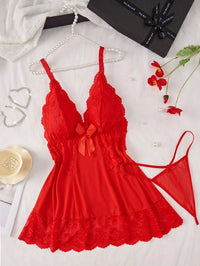 Seduluxe 2 Peças/Conjunto: Lingerie Plus Size Sexy com Decote V Profundo em Renda e Tule Contrastante & Calcinha Tipo Tanga