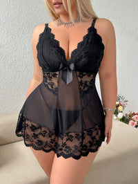 Seduluxe 2 Peças/Conjunto: Lingerie Plus Size Sexy com Decote V Profundo em Renda e Tule Contrastante & Calcinha Tipo Tanga