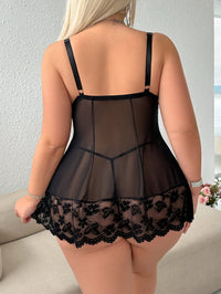 Seduluxe 2 Peças/Conjunto: Lingerie Plus Size Sexy com Decote V Profundo em Renda e Tule Contrastante & Calcinha Tipo Tanga