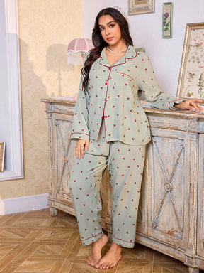 SHEIN Conjunto de Pijama Plus Size Confortável com Estampa de Cereja, Top e Calça