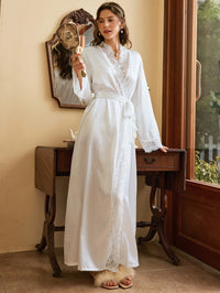 Côtesoire Roupão Longo de Renda Vermelha Sexy com Cinto, Roupa de Dormir Feminina, Loungewear de Luxo para o Dia dos Namorados, Detalhes Aconchegantes e Elegantes, Outono e Inverno
