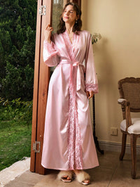 Côtesoire Roupão Longo de Renda Vermelha Sexy com Cinto, Roupa de Dormir Feminina, Loungewear de Luxo para o Dia dos Namorados, Detalhes Aconchegantes e Elegantes, Outono e Inverno