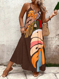 Vestido Longo Castanho Estampado com Alças Finas – Estilo e Conforto Nelima Moda