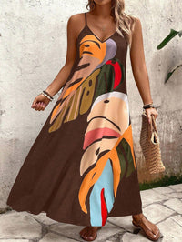 Vestido Longo Castanho Estampado com Alças Finas – Estilo e Conforto Nelima Moda