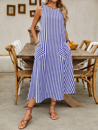 Vestido Midi Listrado em Linho sem Forro com Bolsos – Estilo Casual e Elegante