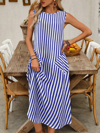 Vestido Midi Listrado em Linho sem Forro com Bolsos – Estilo Casual e Elegante