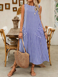 Vestido Midi Listrado em Linho sem Forro com Bolsos – Estilo Casual e Elegante