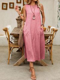 Vestido Midi Rosa em Linho sem Forro com Bolsos Laterais – Conforto e Delicadeza