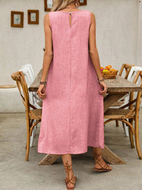 Vestido Midi Rosa em Linho sem Forro com Bolsos Laterais – Conforto e Delicadeza