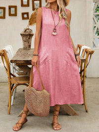 Vestido Midi Rosa em Linho sem Forro com Bolsos Laterais – Conforto e Delicadeza