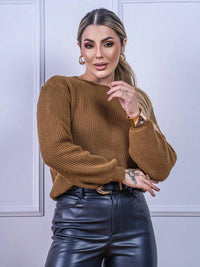 Blusa cropped feminina de tricot manga bufante lisa outono inverno