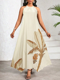 Vestido Longo Estampado Bege com Gola Halter – Elegância e Fluidez do P ao GG