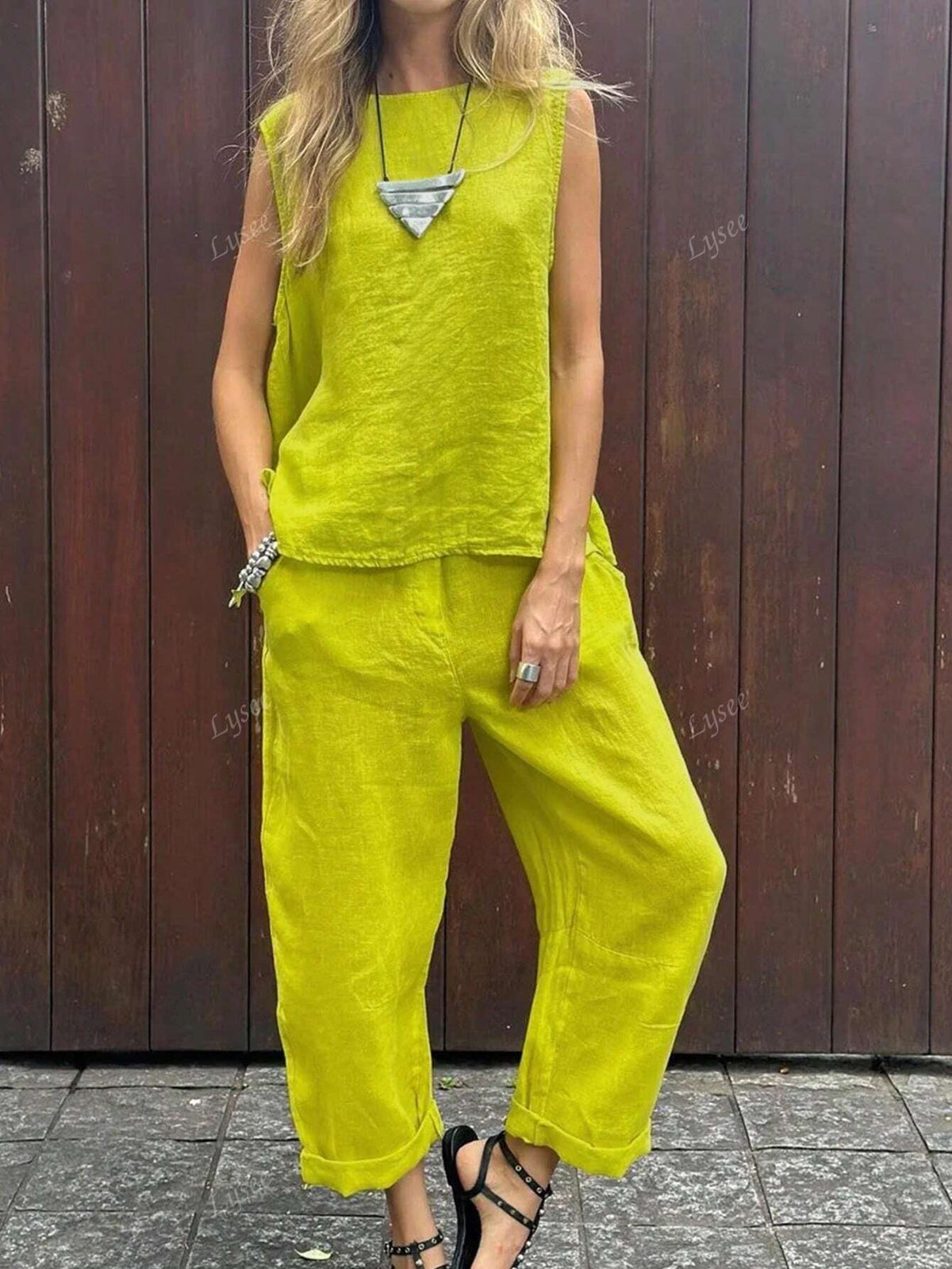 2 peças Conjunto de Regata e Calça Casual Feminino de Cor Sólida, Uso Diário