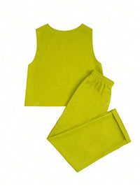 2 peças Conjunto de Regata e Calça Casual Feminino de Cor Sólida, Uso Diário