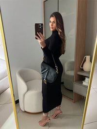 VESTIDO CANELADO COM MANGA ELEGANTE MODAL ALTA QUALIDADE OUTONO E INVERNO
