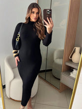 VESTIDO CANELADO COM MANGA ELEGANTE MODAL ALTA QUALIDADE OUTONO E INVERNO