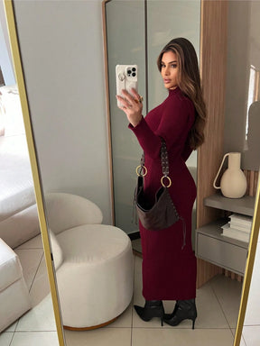 VESTIDO CANELADO COM MANGA ELEGANTE MODAL ALTA QUALIDADE OUTONO E INVERNO