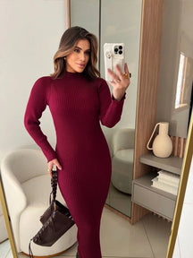 VESTIDO CANELADO COM MANGA ELEGANTE MODAL ALTA QUALIDADE OUTONO E INVERNO