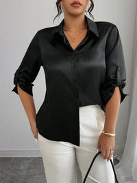 Elenzga Blusa de Cetim Elegante de Manga 3/4 e Cor Sólida, Plus Size para Mulheres