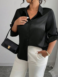Elenzga Blusa de Cetim Elegante de Manga 3/4 e Cor Sólida, Plus Size para Mulheres