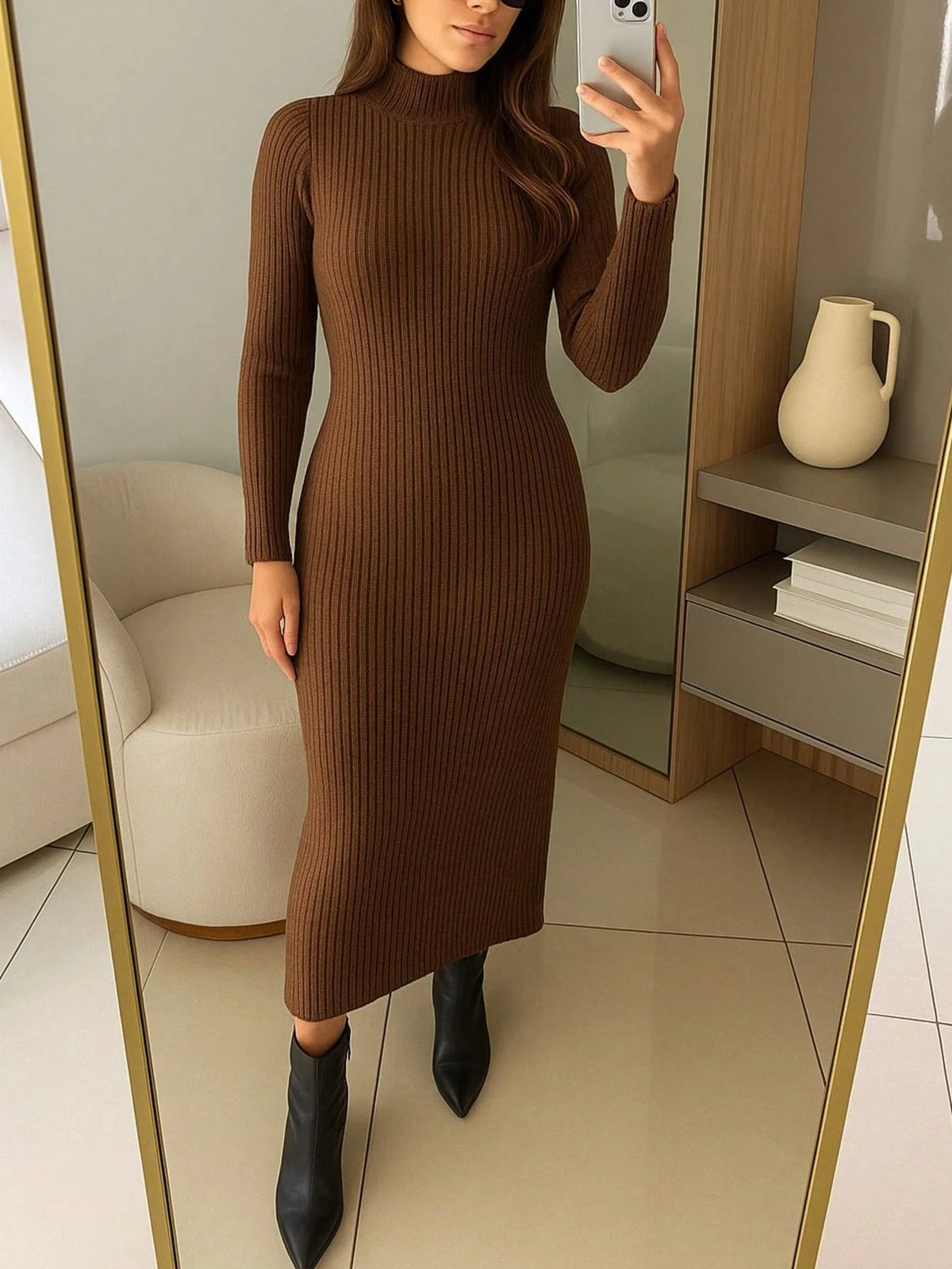 Vestido Tricot Canelado Manga Longa – Nelima