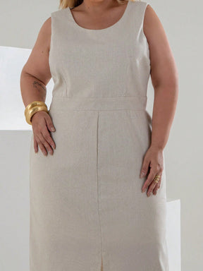 Vestido Plus Size Midi em Linho com Caimento Sofisticado Linho Vazado / cortado Noite Feriado Casamento Escritório Formal e Noturno