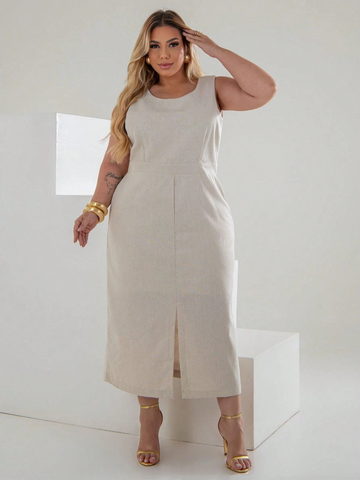 Vestido Plus Size Midi em Linho com Caimento Sofisticado Linho Vazado / cortado Noite Feriado Casamento Escritório Formal e Noturno