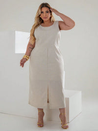 Vestido Plus Size Midi em Linho com Caimento Sofisticado Linho Vazado / cortado Noite Feriado Casamento Escritório Formal e Noturno