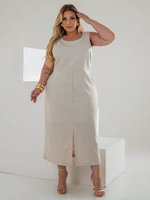 Vestido Plus Size Midi em Linho com Caimento Sofisticado Linho Vazado / cortado Noite Feriado Casamento Escritório Formal e Noturno