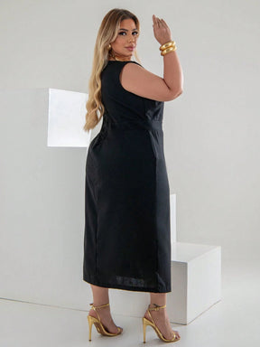 Vestido Plus Size Midi em Linho com Caimento Sofisticado Linho Vazado / cortado Noite Feriado Casamento Escritório Formal e Noturno