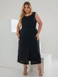 Vestido Plus Size Midi em Linho com Caimento Sofisticado Linho Vazado / cortado Noite Feriado Casamento Escritório Formal e Noturno