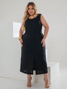 Vestido Plus Size Midi em Linho com Caimento Sofisticado Linho Vazado / cortado Noite Feriado Casamento Escritório Formal e Noturno