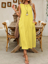 Vestido Midi Amarelo em Linho sem Forro com Bolsos Laterais – Frescor e Estilo