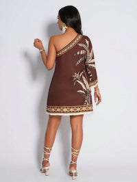 Vestido Curto Um Ombro Só Estampado Tropical – Elegância e Conforto do P ao XG | Nelima