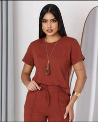 Conjunto Feminino Calça Pantalona E Blusa Moletinho Confortável Tendencia Verão