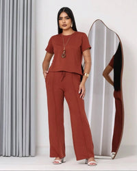 Conjunto Feminino Calça Pantalona E Blusa Moletinho Confortável Tendencia Verão