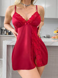 Vestido Camisete Feminino com Renda Floral, Fenda e Acabamento em Cetim Macio, Camisola Slip de Dormir, Pijama Luxuoso e Elegante, Lingerie Sexy Romântica para Lua de Mel