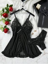 2 Peças Conjunto de Lingerie Camiseta e Renda Decote em V Plus Size para Mulheres, Roupa Íntima Sexy para o Dia a Dia, Natal