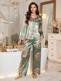 LuxeNights Conjunto de Pijama Elegante com Gola de Lapela, Manga Longa e Estampa Floral de Cetim, Roupas de Outono e Inverno para Mulheres