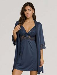 Camisola Sensual Acabamento Em Renda + Robe em Microfibra com Renda PAULA.