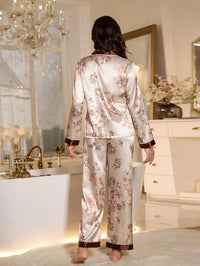 LuxeNights Conjunto de Pijama com Top de Decote em V e Calça Estampa Floral Elegante em Falso Seda para Mulheres, Roupas de Outono e Inverno