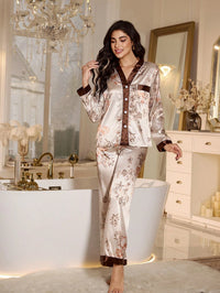 LuxeNights Conjunto de Pijama com Top de Decote em V e Calça Estampa Floral Elegante em Falso Seda para Mulheres, Roupas de Outono e Inverno