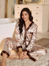 LuxeNights Conjunto de Pijama com Top de Decote em V e Calça Estampa Floral Elegante em Falso Seda para Mulheres, Roupas de Outono e Inverno