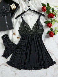 2 Peças Conjunto de Lingerie Camiseta e Renda Decote em V Plus Size para Mulheres, Roupa Íntima Sexy para o Dia a Dia, Natal
